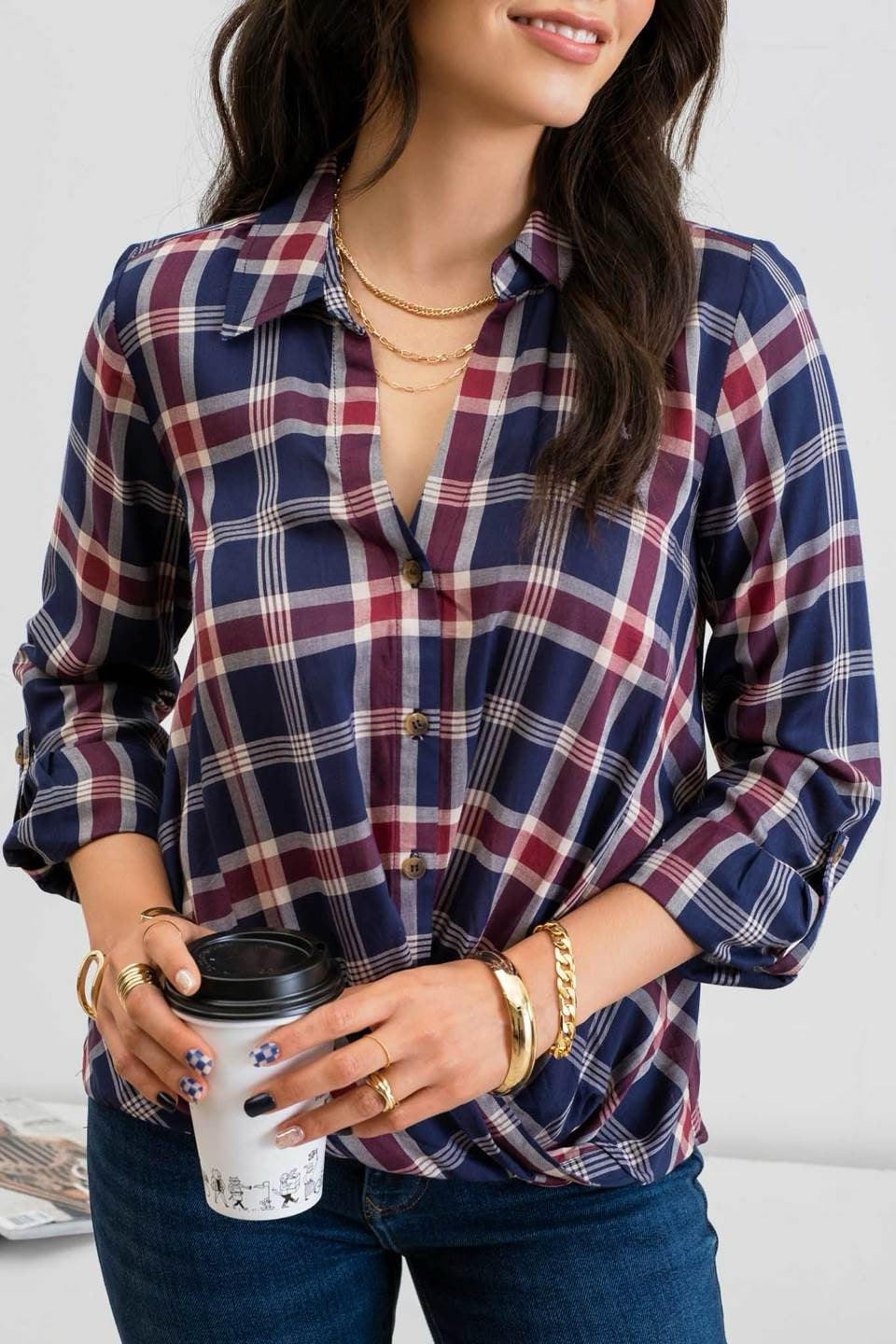 Fireside Days Navy & Burgundy Plaid Twist Front Top