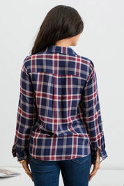 Fireside Days Navy & Burgundy Plaid Twist Front Top