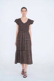 Harvest Grace Brown Plaid Smocked Midi Dress