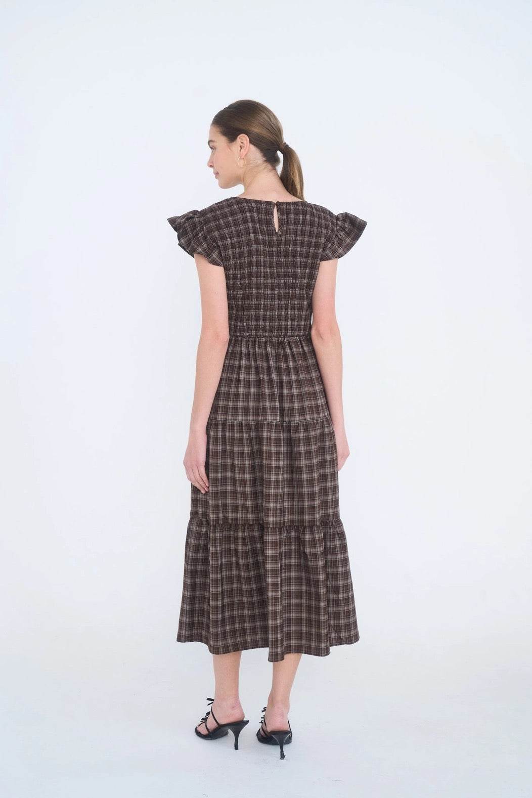 Harvest Grace Brown Plaid Smocked Midi Dress