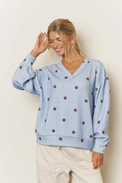 A Latte Blue Polka Dot Textured V-Neck Top
