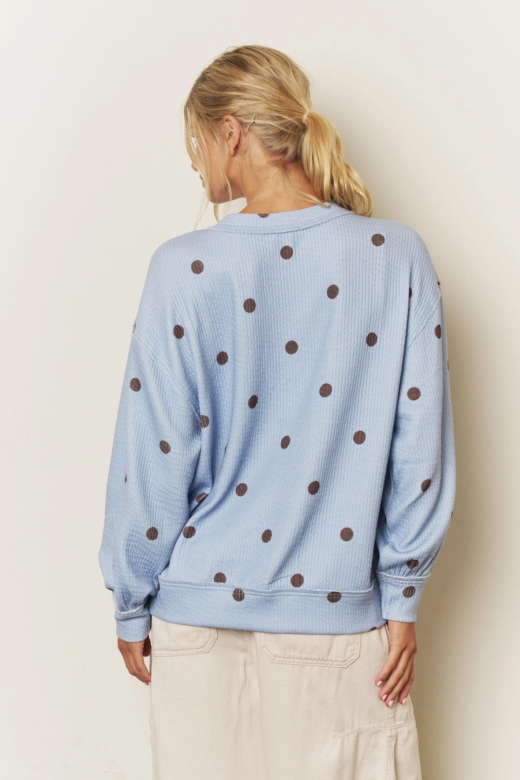 A Latte Blue Polka Dot Textured V-Neck Top