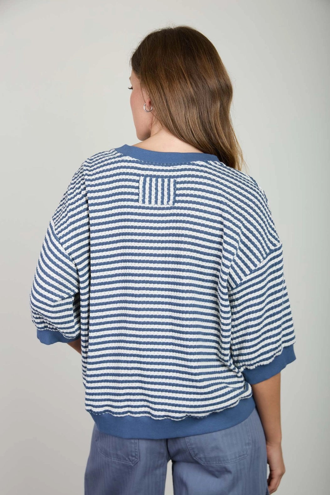 Blue Skies Ahead Textured Stripe Half Sleeve Top