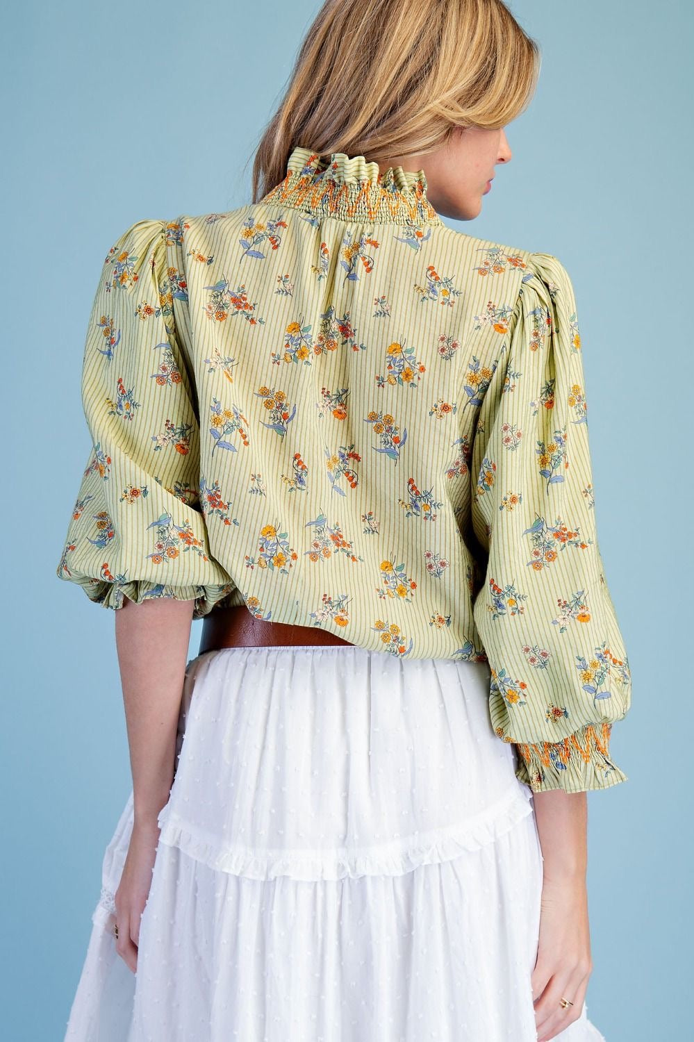 Easel Garden Poetry Floral Stripe 3/4 Sleeve Blouse