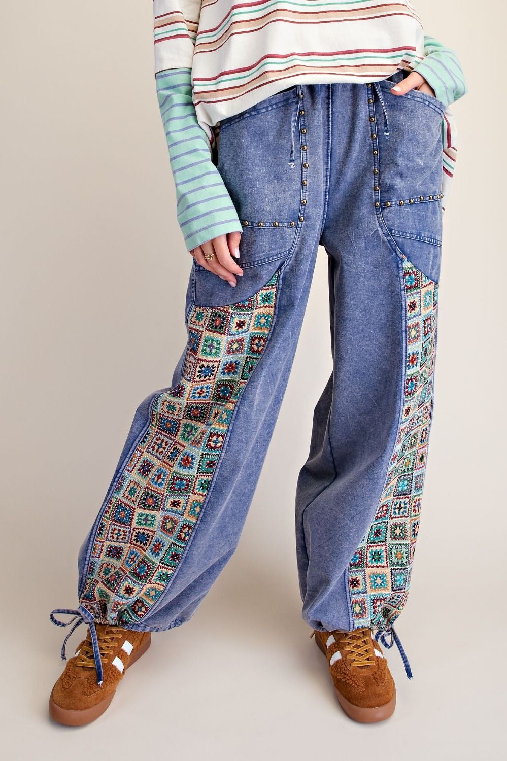 Easel Bohemian Mosaic Patchwork Denim Pants