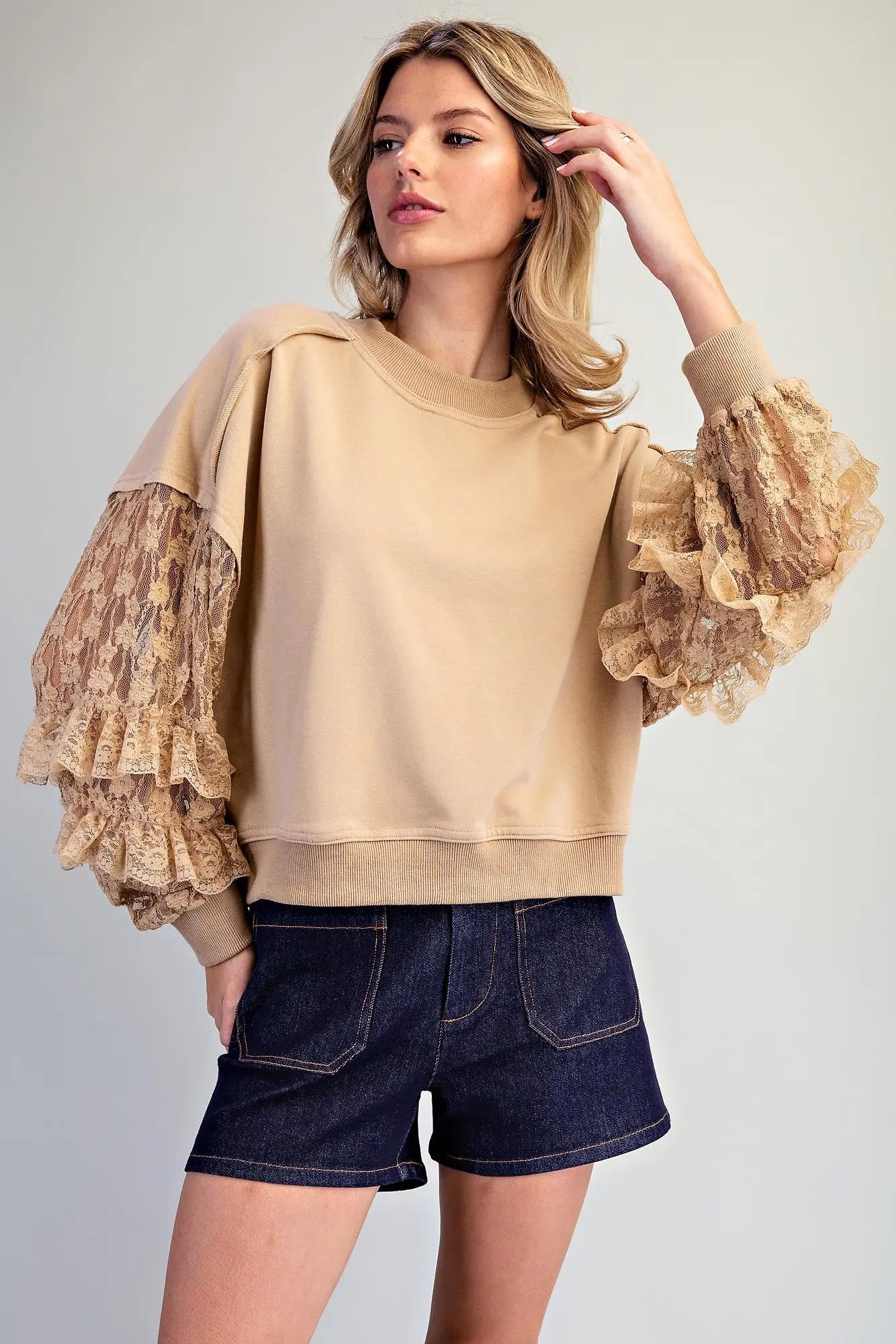 Mocha Romance Lace Sleeve Sweatshirt