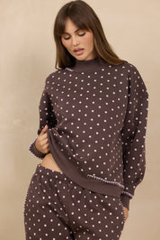 Vintage Havana Chocolate Brown & Pink Polka Dot Mock Neck Sweatshirt