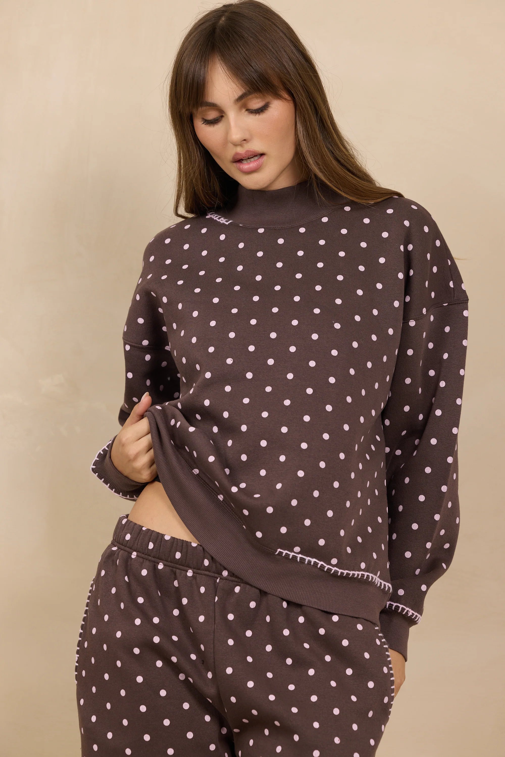 Vintage Havana Chocolate Brown & Pink Polka Dot Mock Neck Sweatshirt