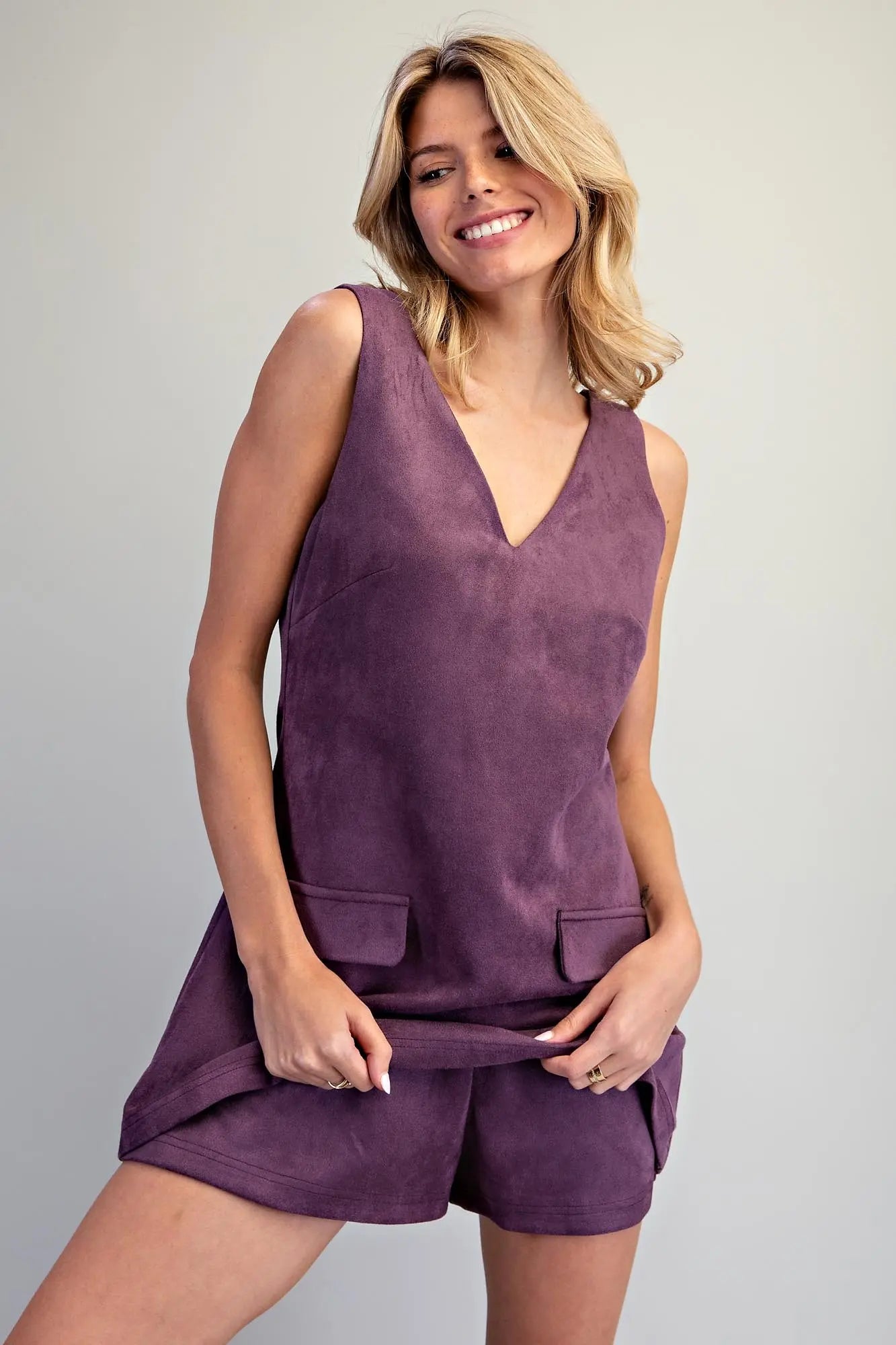 Plum Suede V-Neck Romper