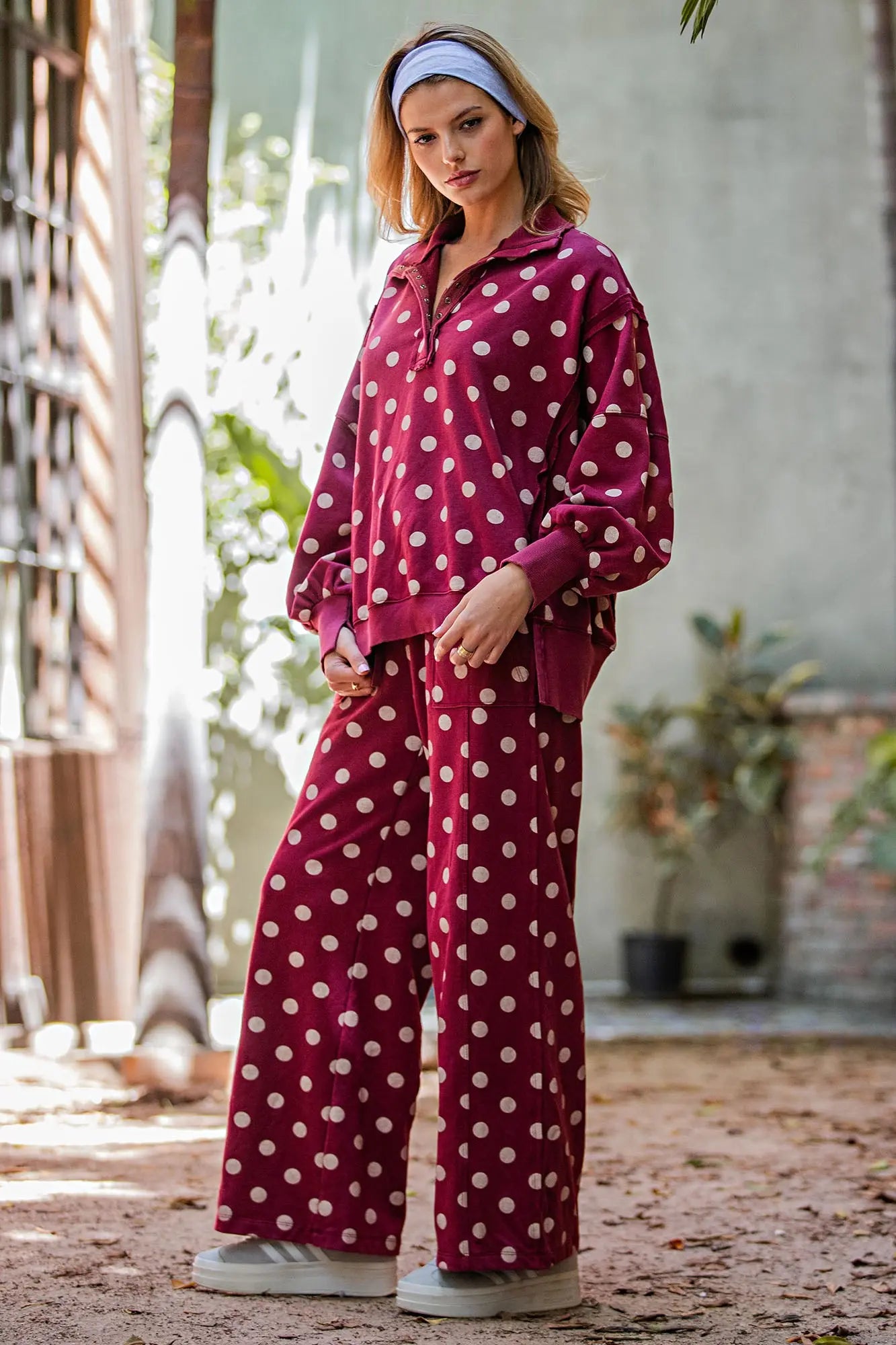 Wine Polka Dot Wide Leg Pants