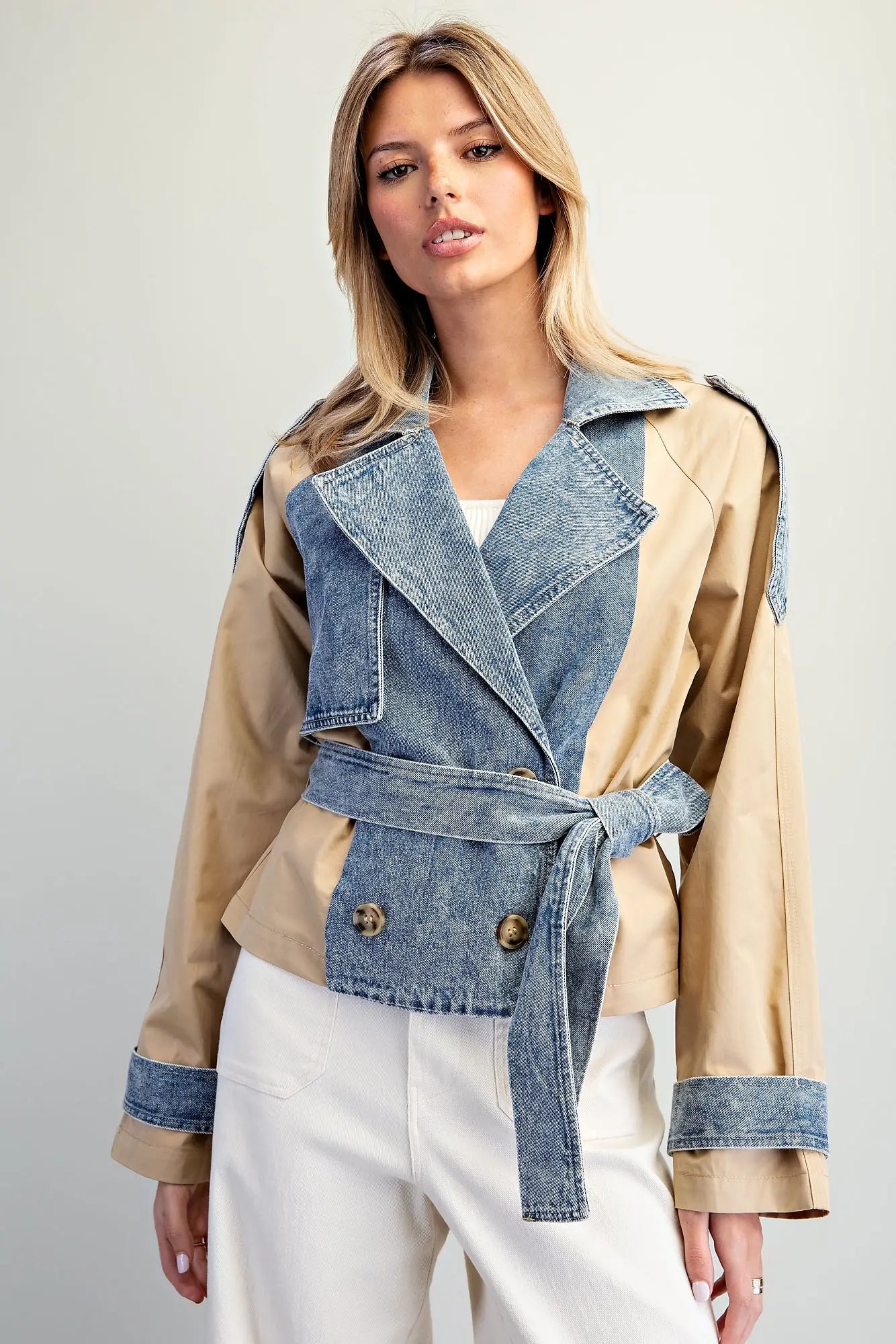 Denim Contrast Cropped Trench Jacket