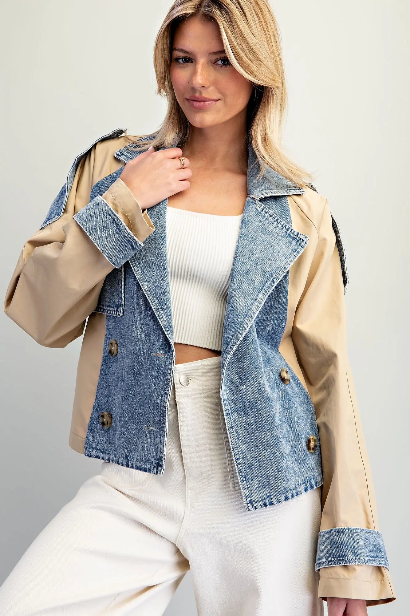 Denim Contrast Cropped Trench Jacket